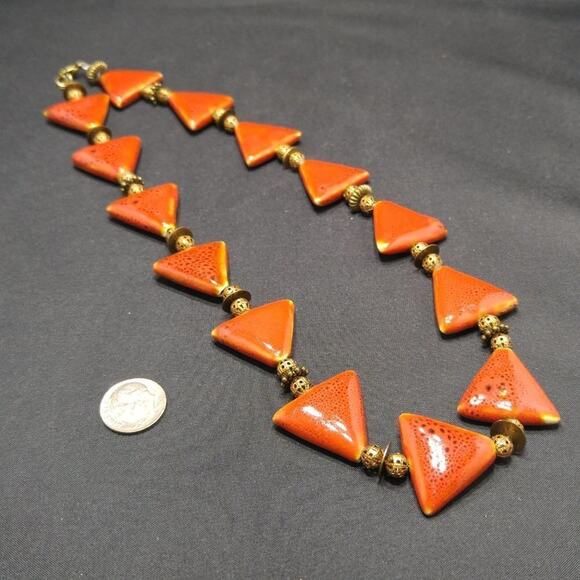 Artisan Ceramic Triangle Bead Necklace Red Orange with Copper Filigree Accents - Picture 5 of 7